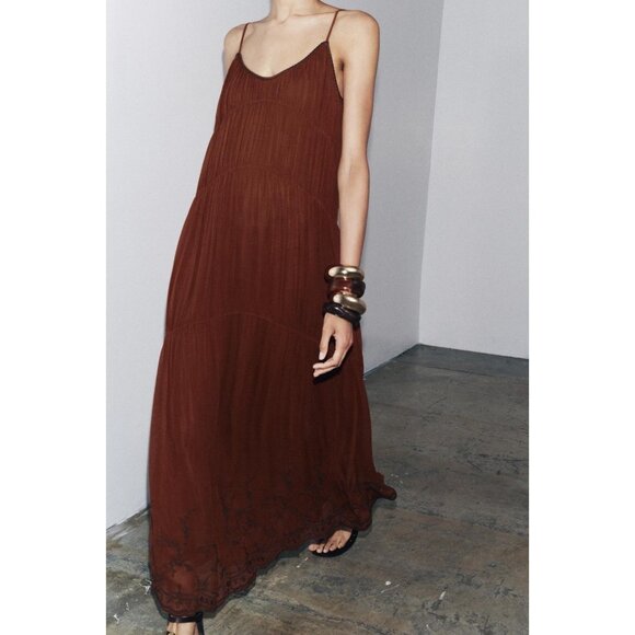 Zara ZW Womens Midi Slip Dress S Small Brown orange Embroidered 6895/058 NWT